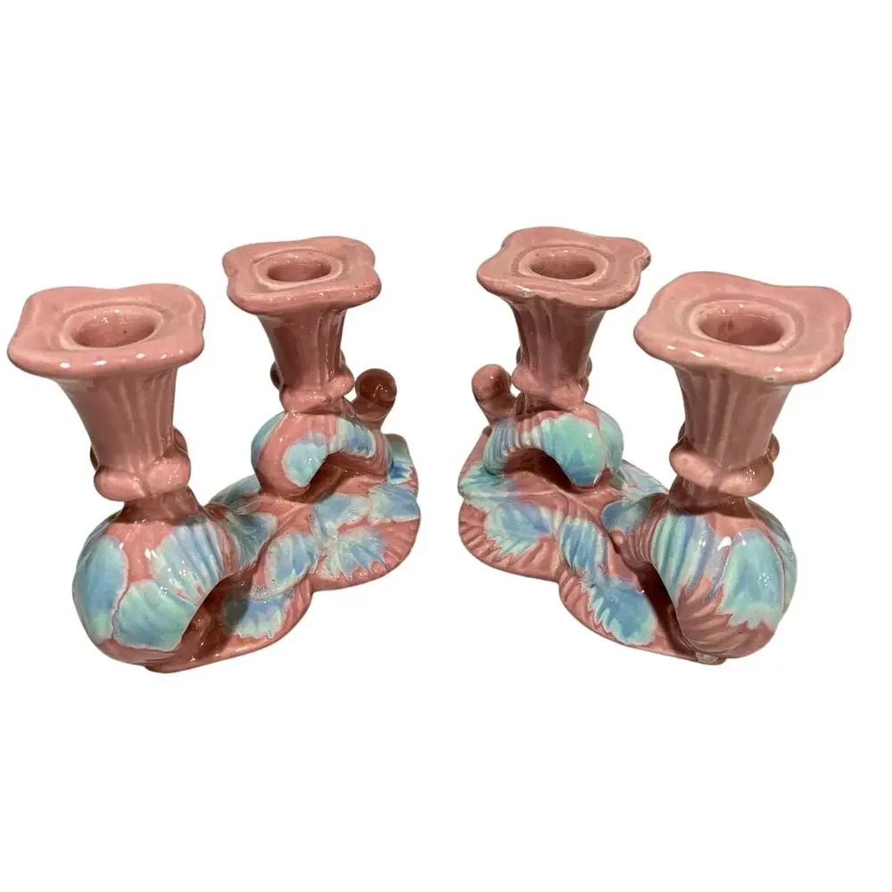 Vintage Mid Century Royal Haeger pottery candle holders Mauve Blue Agate PAIR